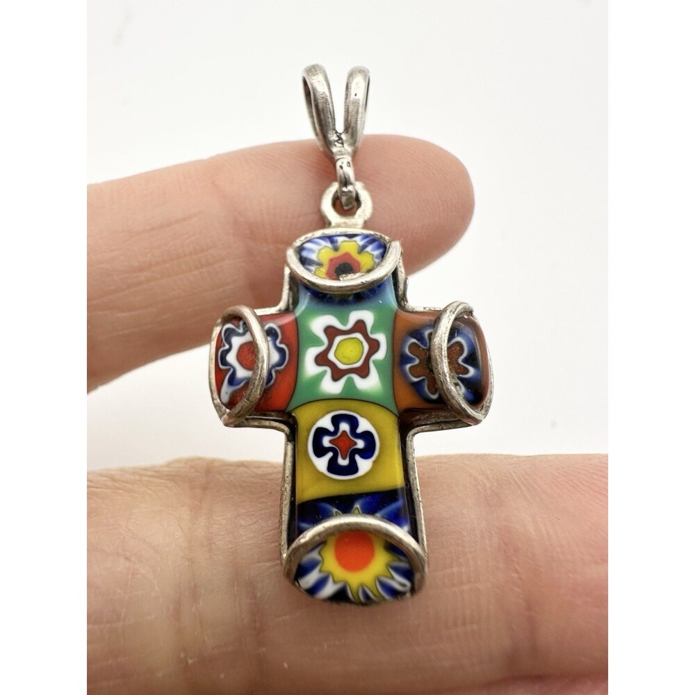 Vintage Murano Millefiori Glass Cross Pendant Sterling silver Italy